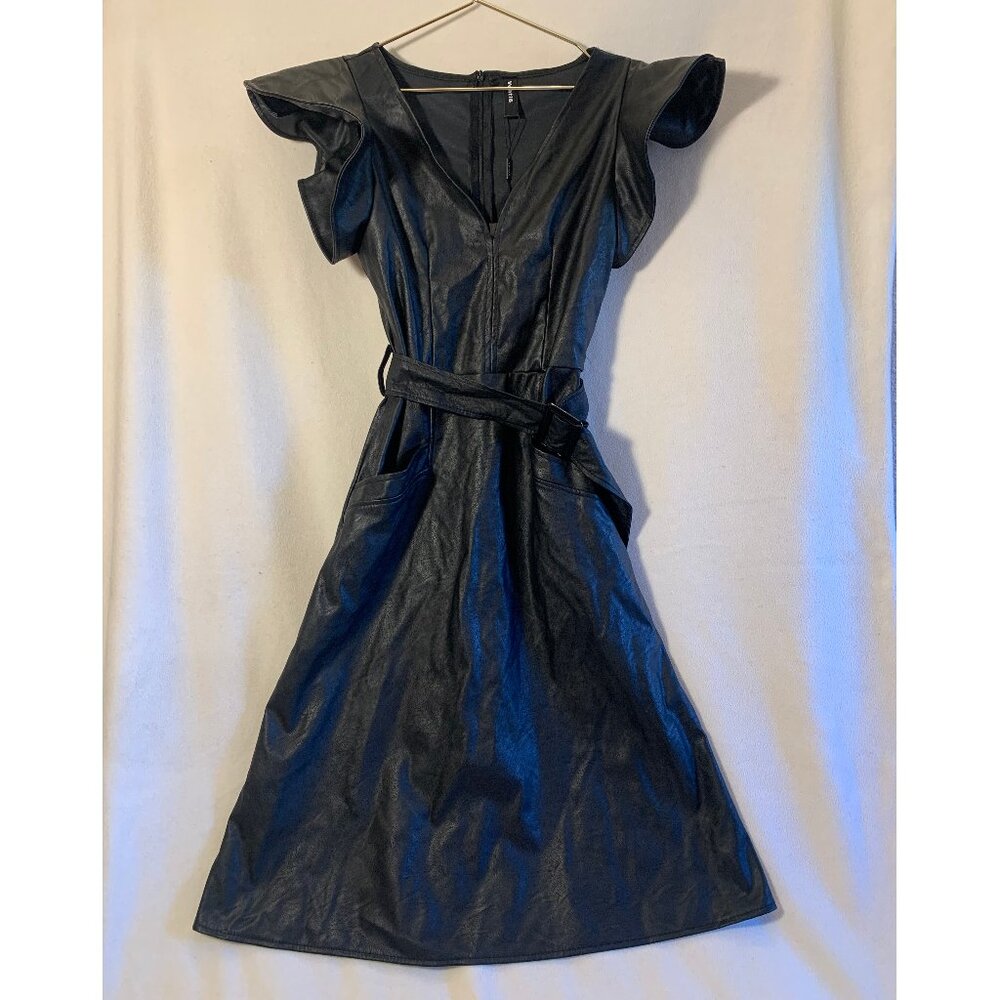 Faux leather midi dress with pockets, belt, tulip sleeves